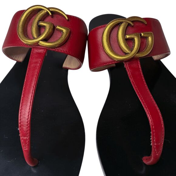 Gucci Marmont GG Logo T-Strap Thong Sandals Red Leather Flats EU 37 US 7 - Picture 5 of 11